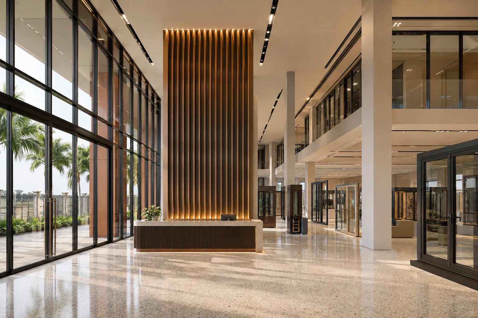 Double-height reception atrium at Alam Business Center with a timber feature wall and terrazzo floors