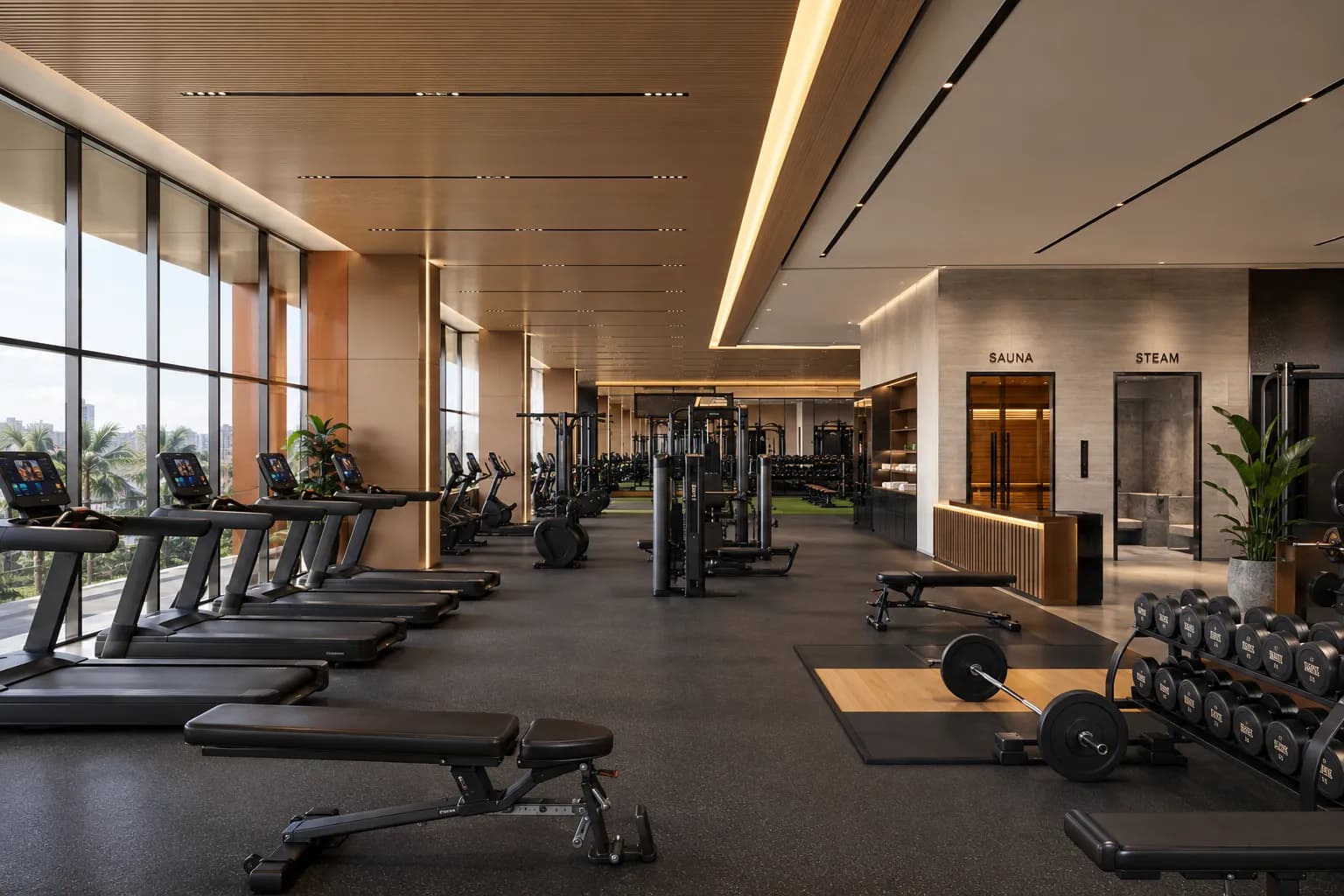 Gym concept fit-out on the second floor of Alam Business Center with cardio equipment, free weights and sauna and steam rooms
