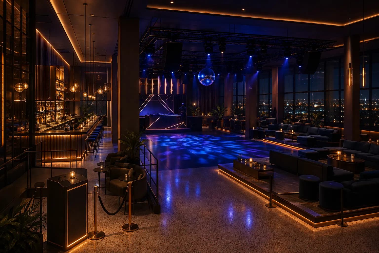 Nightclub and events lounge concept fit-out on the second floor of Alam Business Center with a bar, dance floor and lighting rig