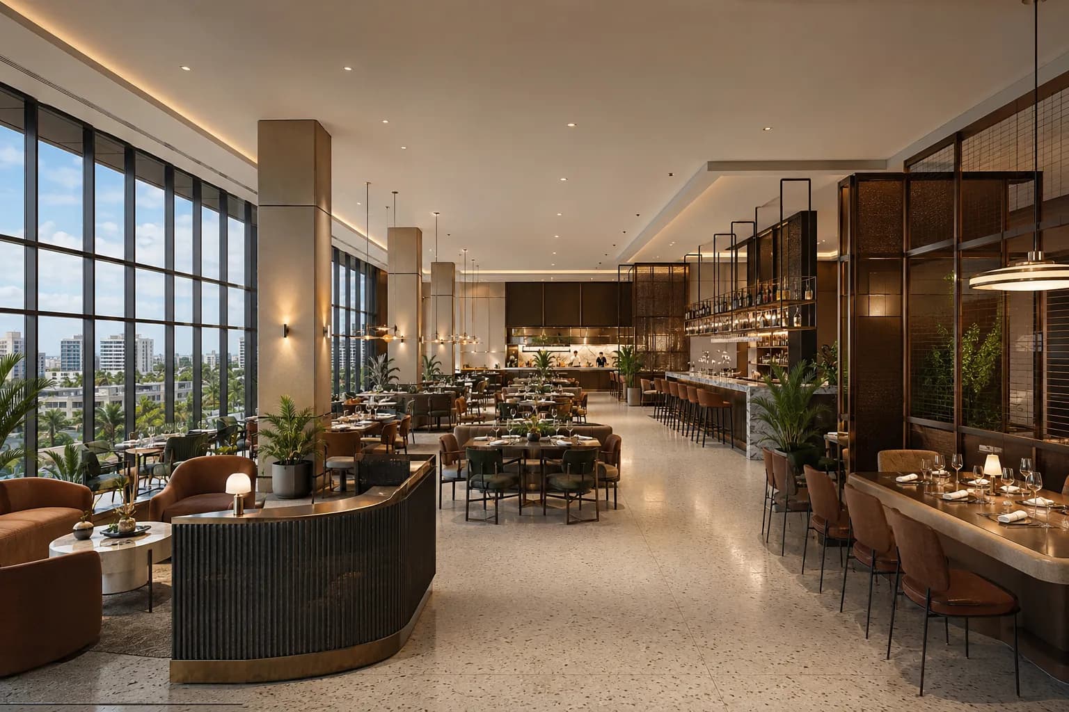 Restaurant and bar concept fit-out on the second floor of Alam Business Center with an open kitchen and city views