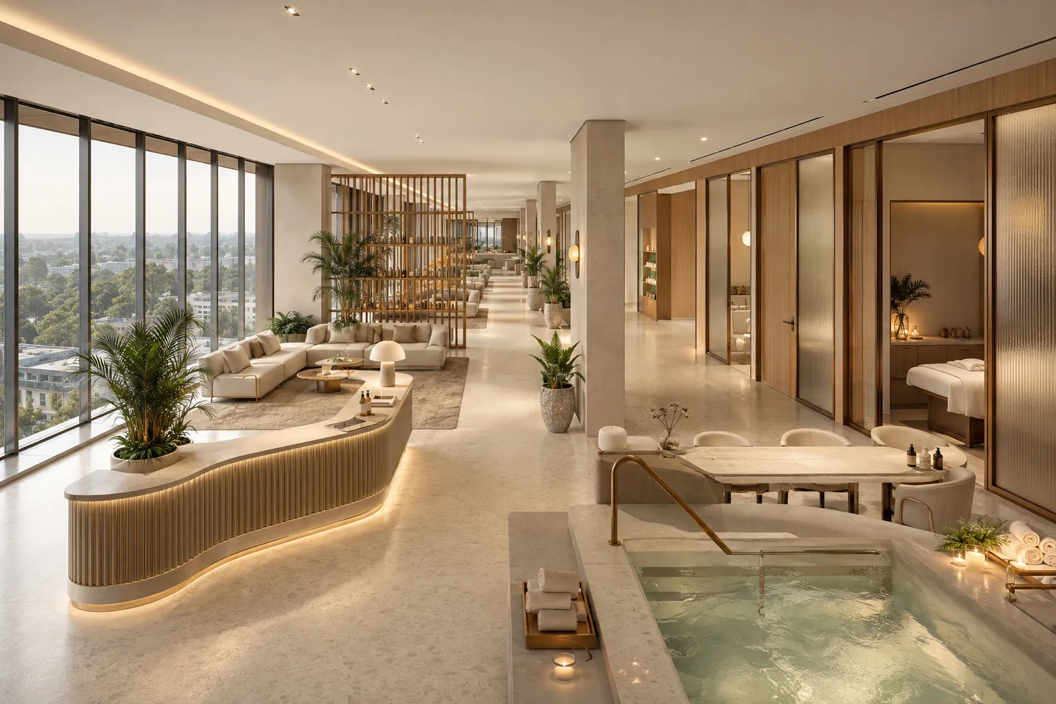 Wellness spa concept fit-out on the second floor of Alam Business Center with treatment suites and a hydrotherapy pool