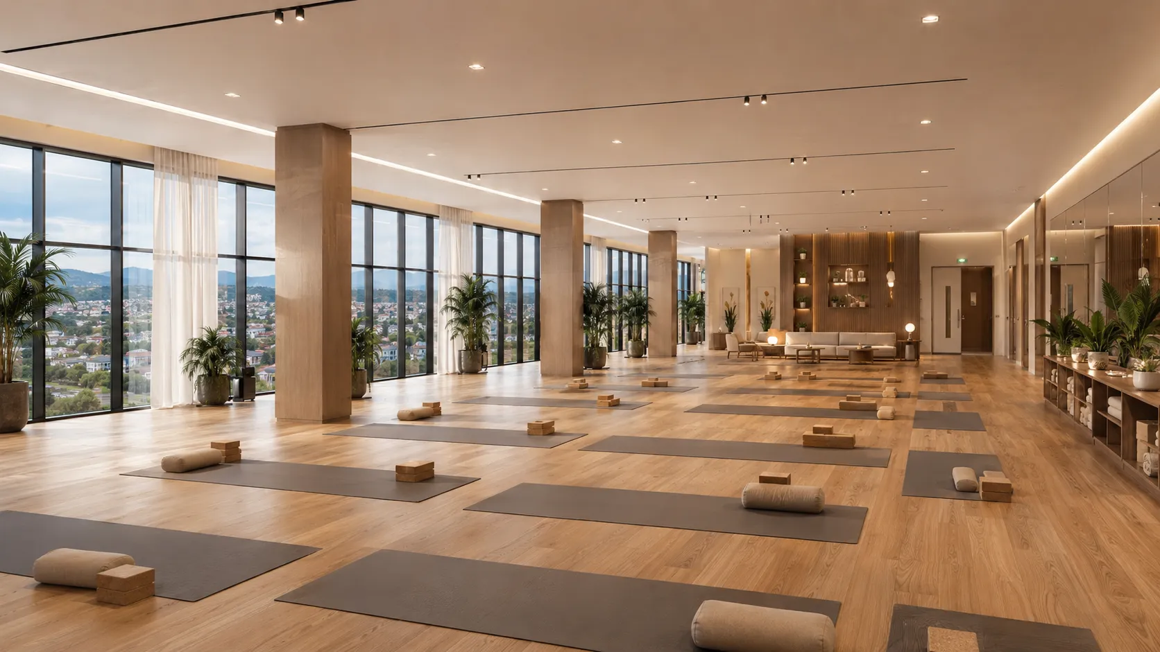 Yoga studio concept fit-out on the second floor of Alam Business Center with timber flooring, mats and panoramic glazing
