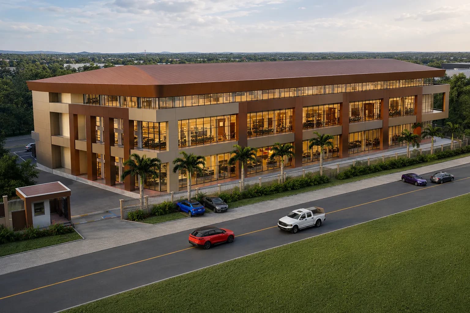 Aerial view of Alam Business Center showing the full Fifth Street frontage and on-plot parking