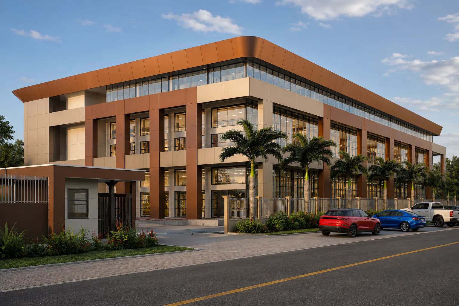 Corner elevation and controlled vehicle entrance at Alam Business Center