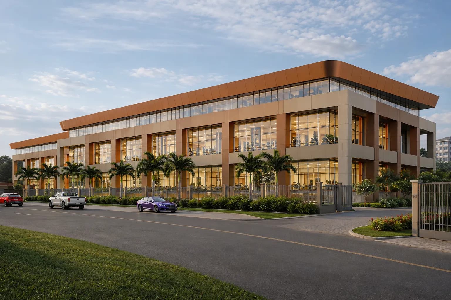 Street view of the Alam Business Center frontage, gatehouse and controlled entrance on Fifth Street