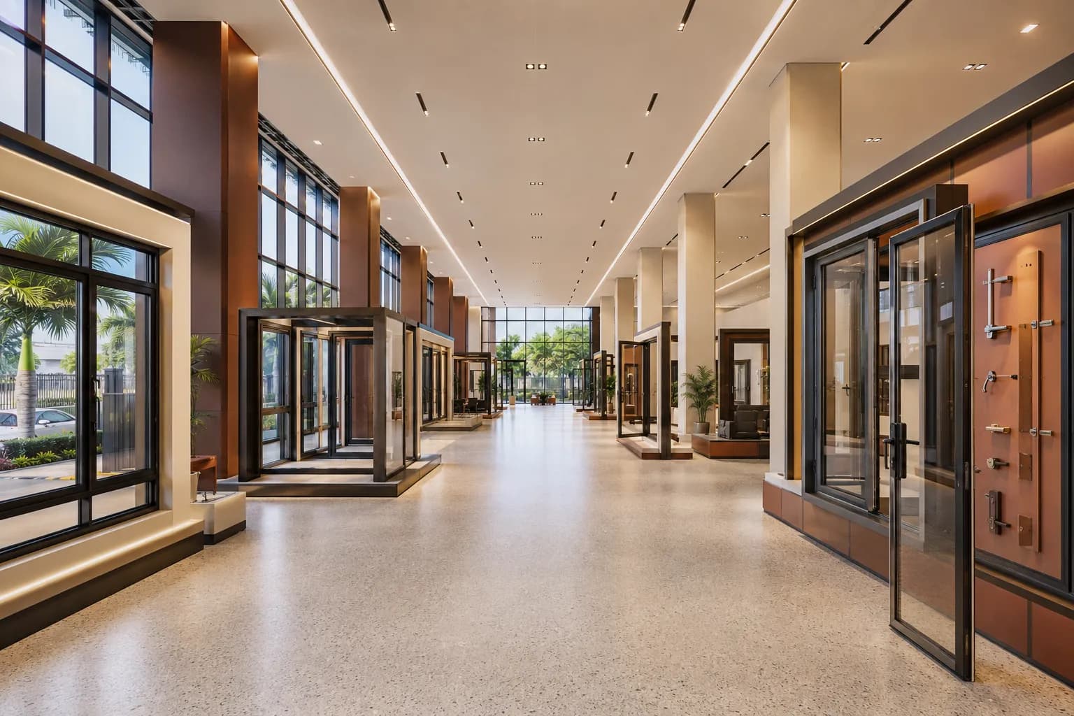 Internal showroom corridor at Alam Business Center with terrazzo floors and full-height glazing
