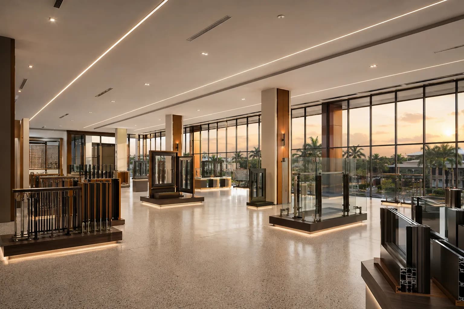 Showroom space for rent in Industrial Area, Kampala, with display plinths, terrazzo floors and full-height glazing at dusk