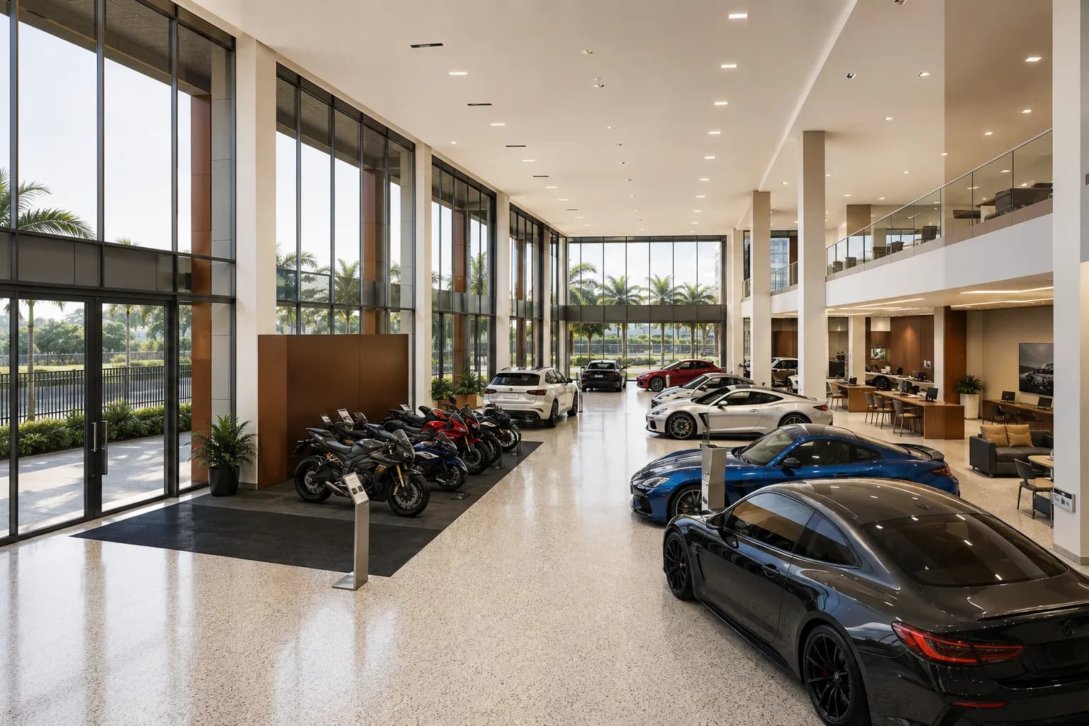 Unit 1 at Alam Business Center fitted as a car and motorcycle dealership with vehicles displayed behind full-height glazing