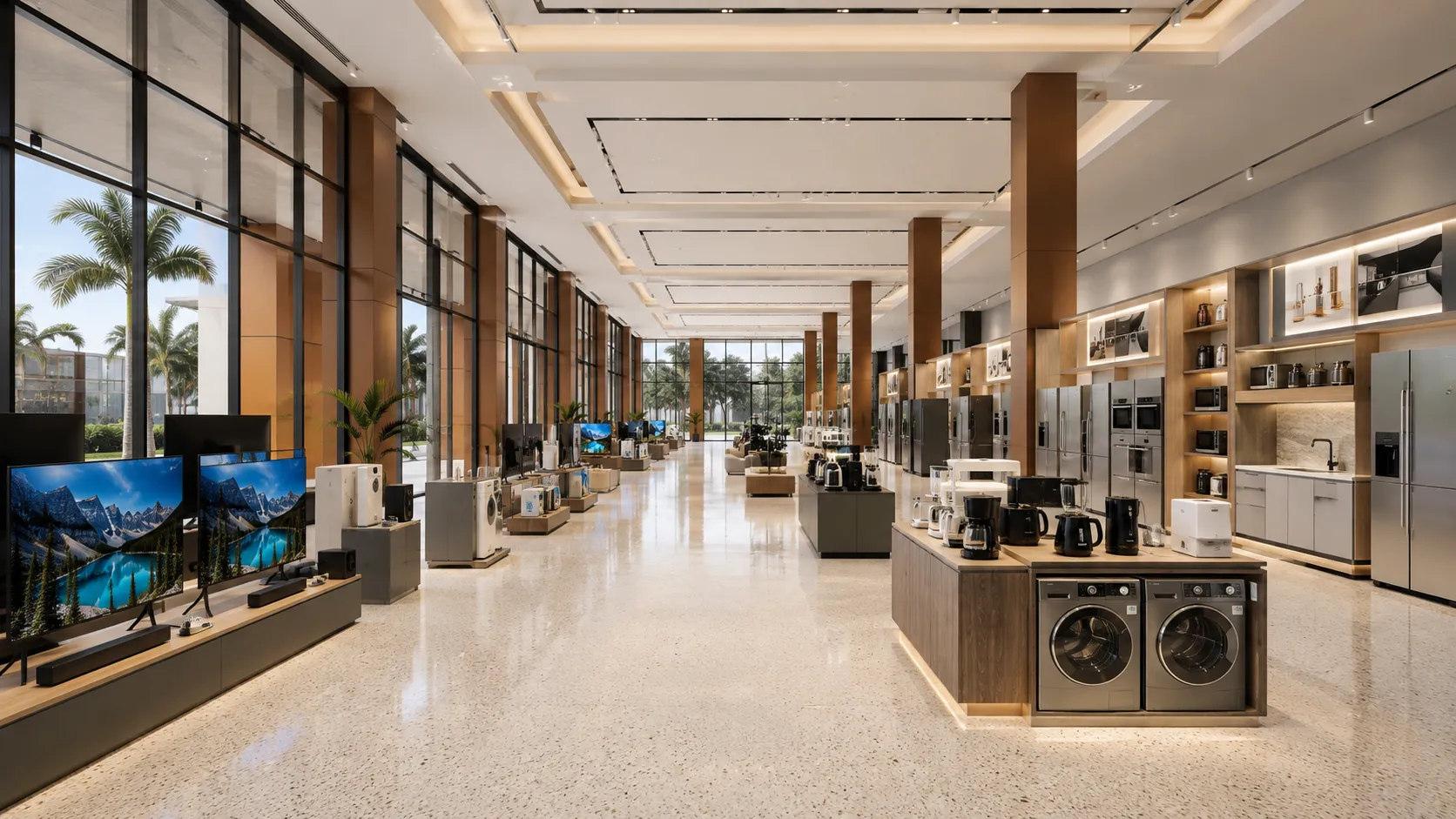 Unit 2 at Alam Business Center fitted as an electronics and home-appliance showroom with television and appliance displays