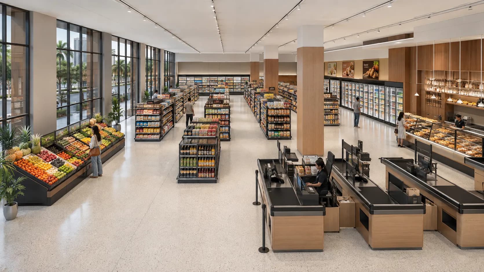 Unit 3 at Alam Business Center fitted as a supermarket with fresh-produce displays, aisles and checkout lanes