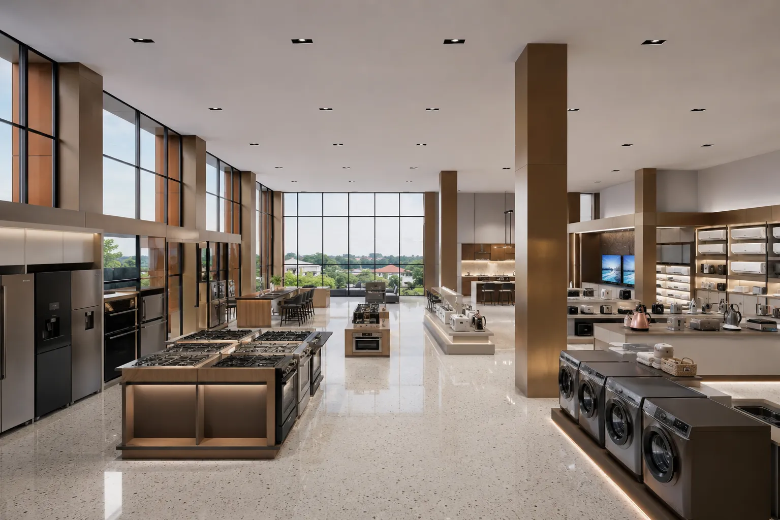 Unit 6 at Alam Business Center fitted as a home-appliance and kitchen showroom with cookers, refrigeration and laundry displays